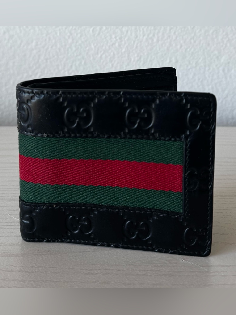 Gucci Black Leather Bifold Wallet with Red and Green Web Stripe